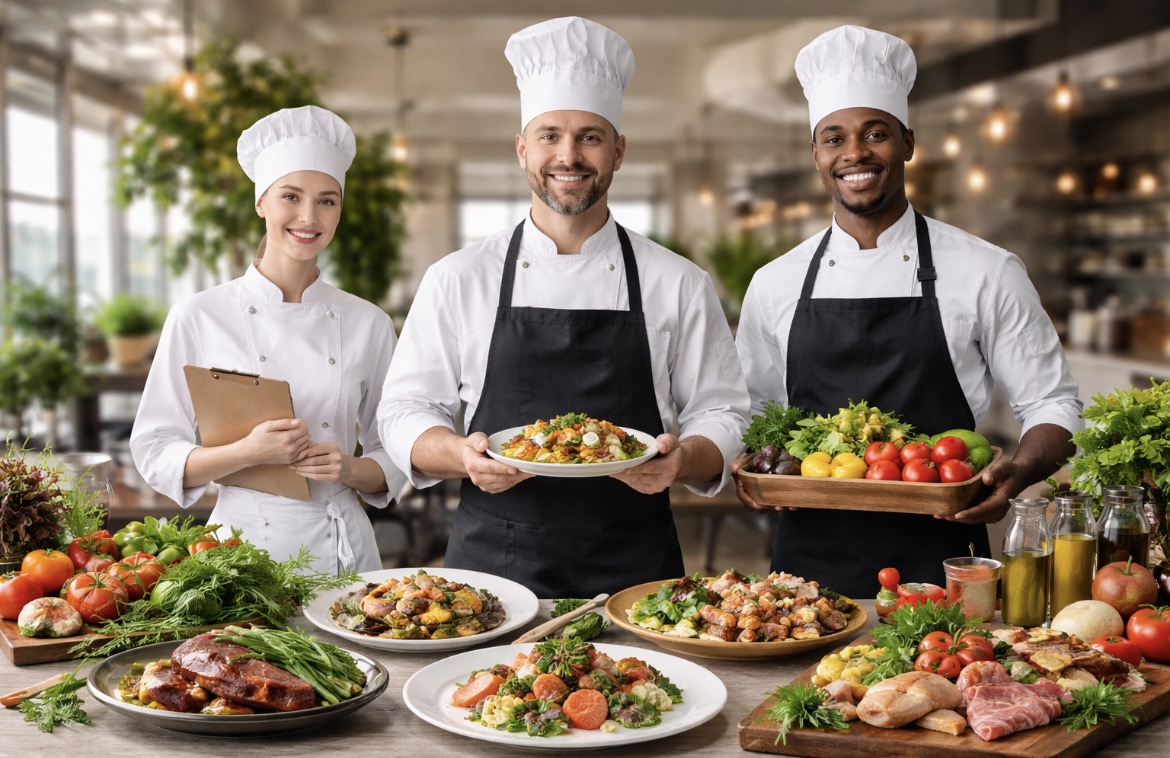 Chef Chris Villa's culinary team with a professional food display