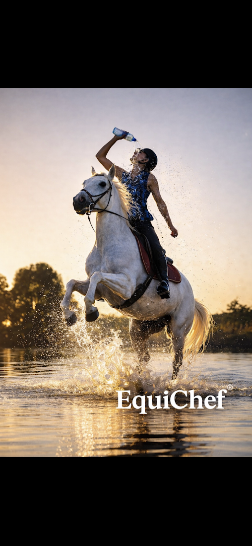 Rider on horseback in water at sunset — the Villa family barrel horses